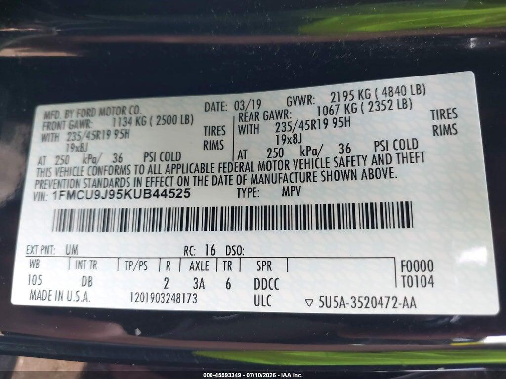 1FMCU9J95KUB44525 2019 FORD ESCAPE photo no. 9