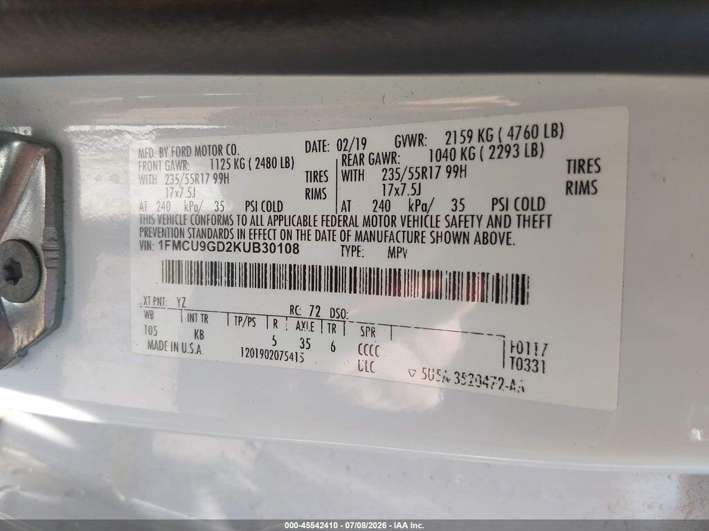 1FMCU9GD2KUB30108 2019 FORD ESCAPE photo no. 9