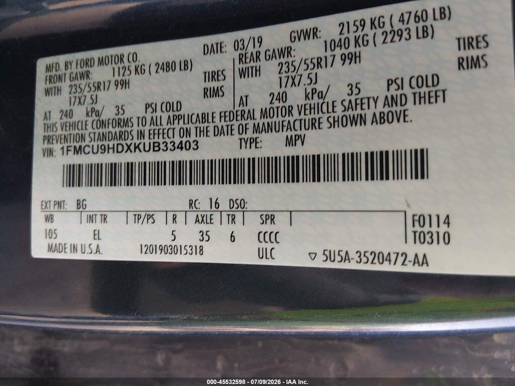 1FMCU9HDXKUB33403 2019 FORD ESCAPE photo no. 9