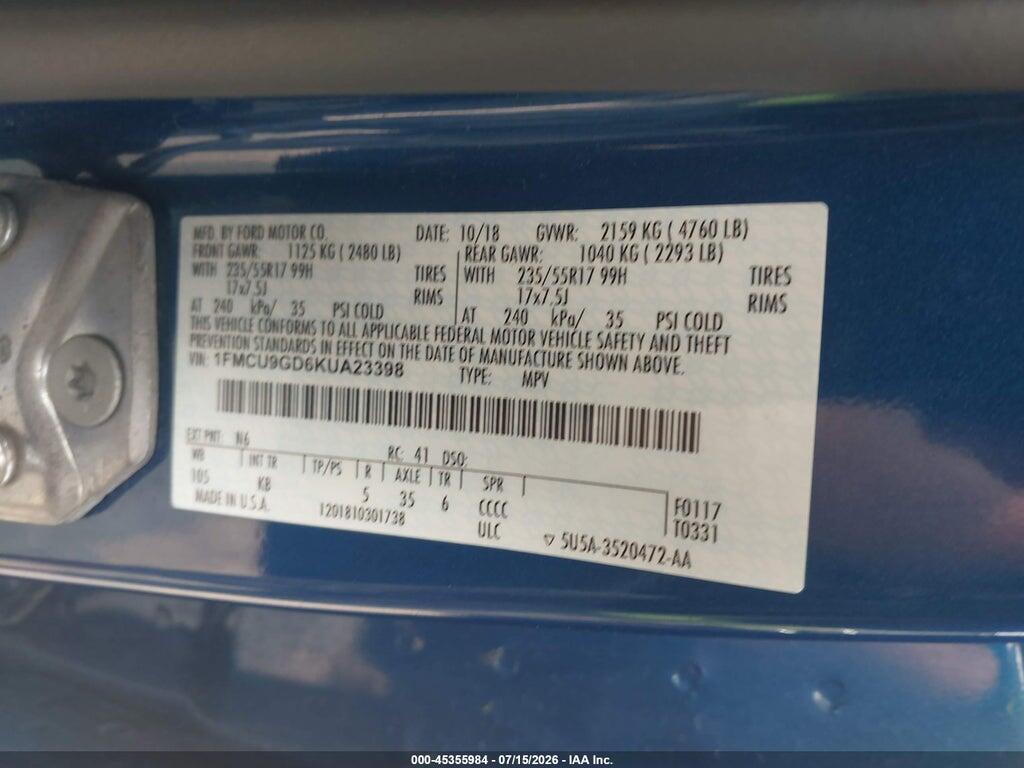 1FMCU9GD6KUA23398 2019 FORD ESCAPE photo no. 9
