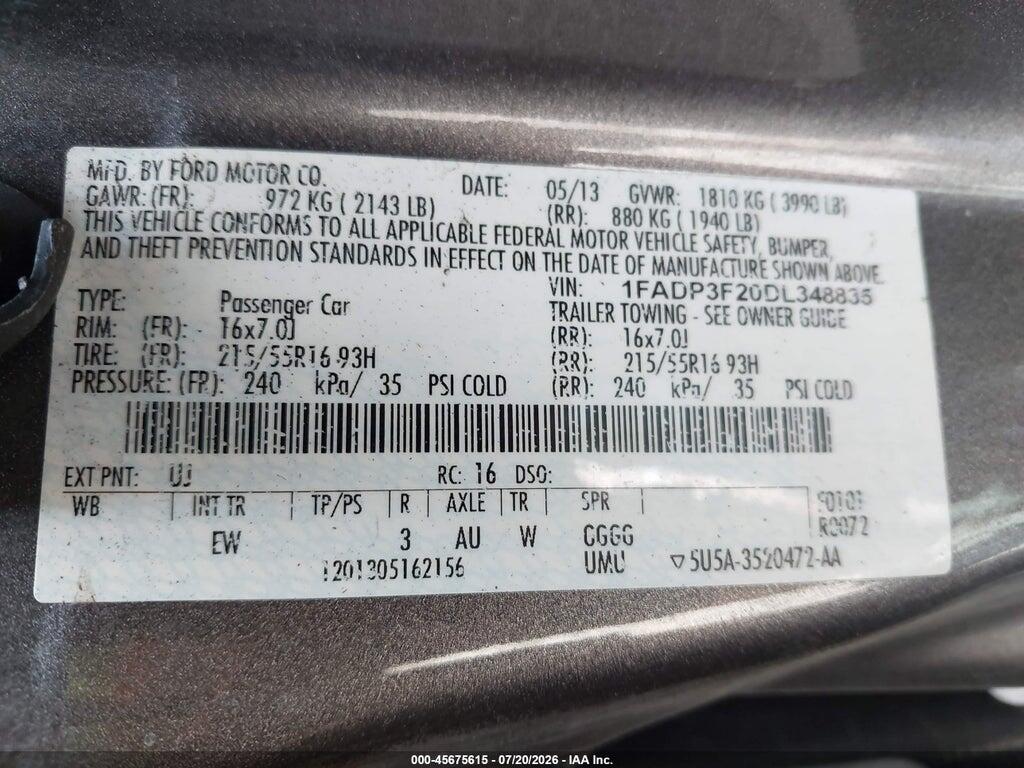 1FADP3F20DL348835 2013 FORD FOCUS photo no. 9