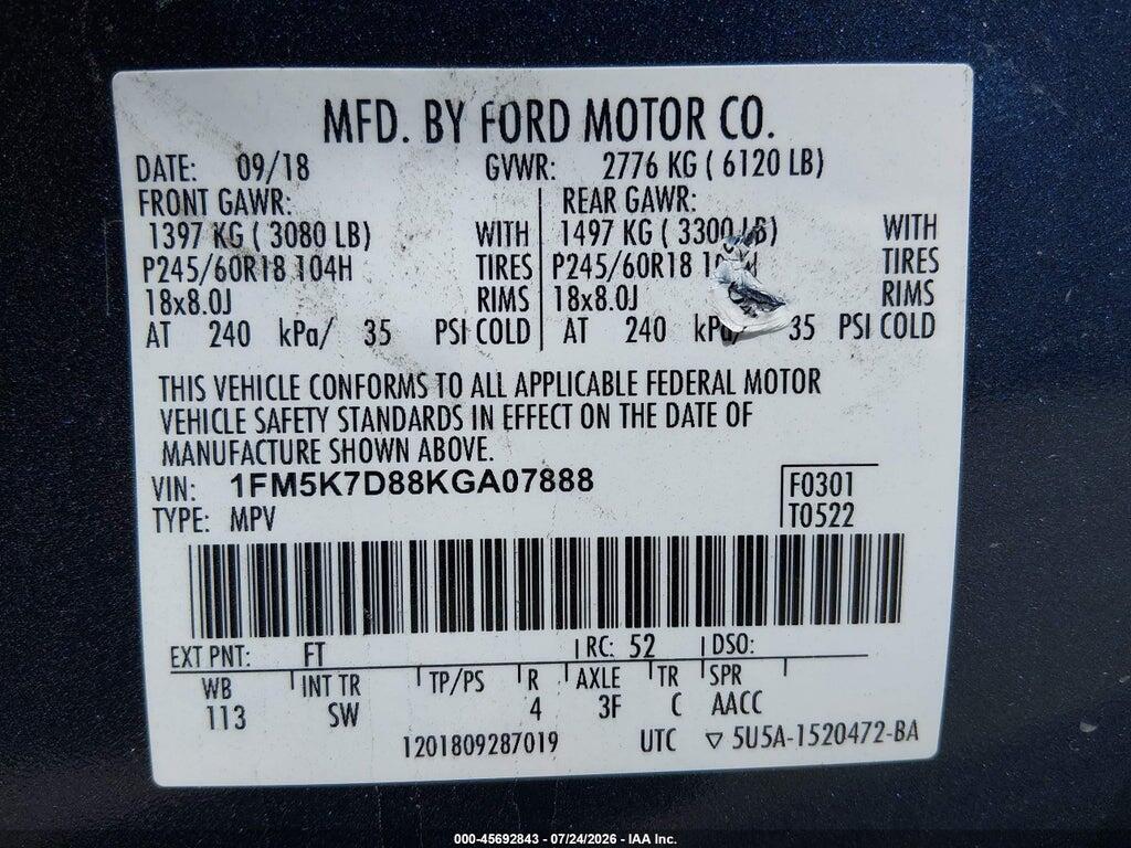 1FM5K7D88KGA07888 2019 FORD EXPLORER photo no. 9