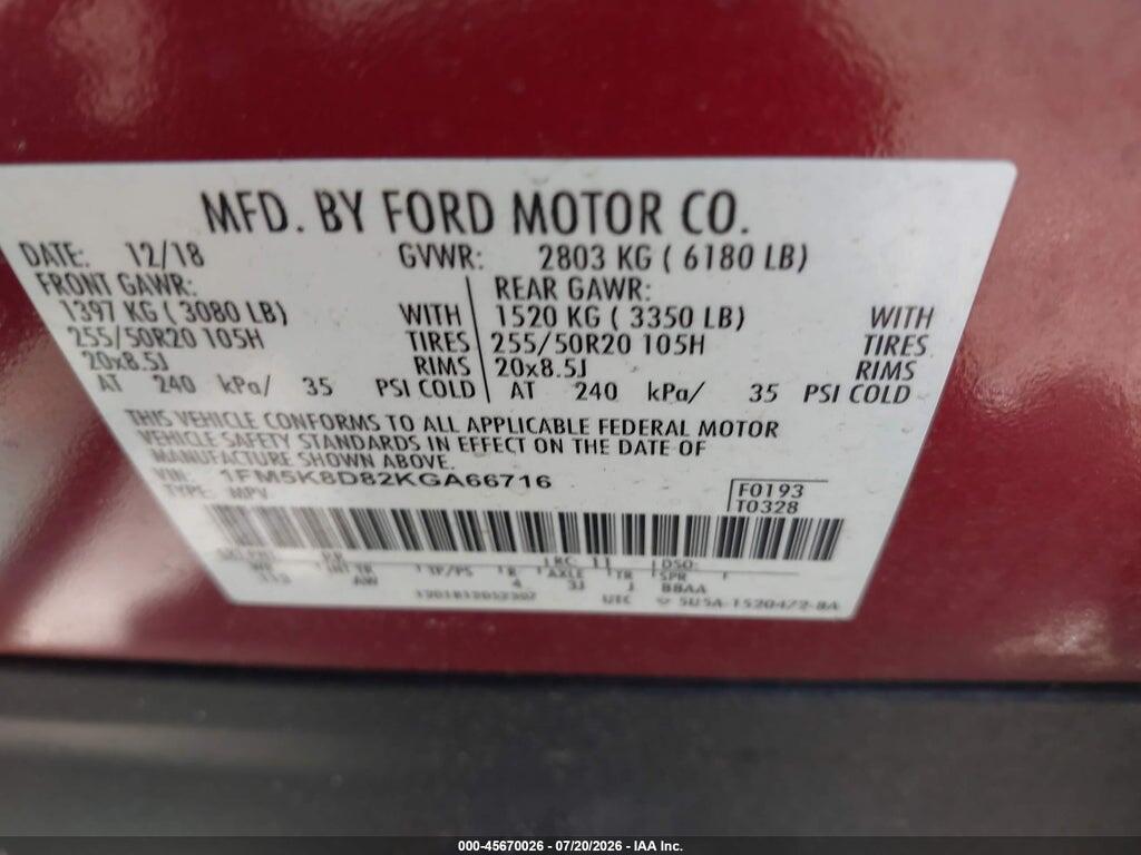 1FM5K8D82KGA66716 2019 FORD EXPLORER photo no. 9