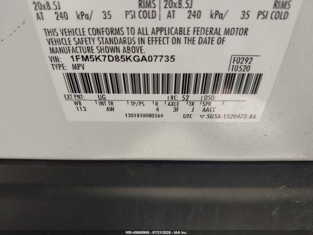1FM5K7D85KGA07735 2019 FORD EXPLORER photo no. 9
