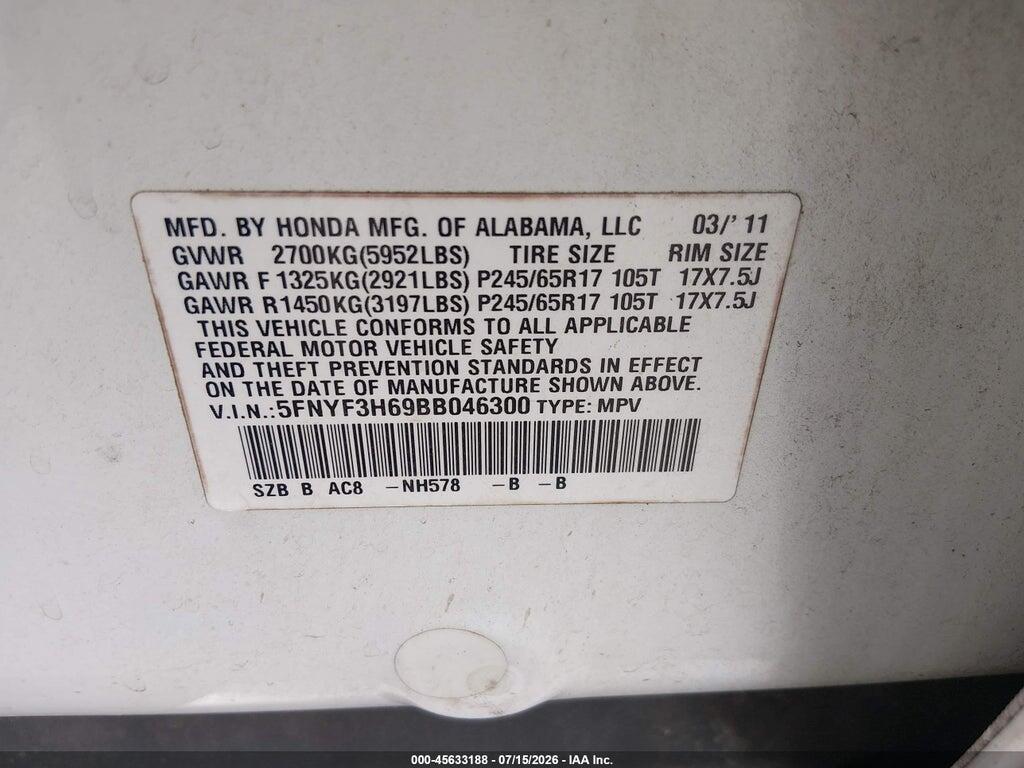 5FNYF3H69BB046300 2011 HONDA PILOT photo no. 9