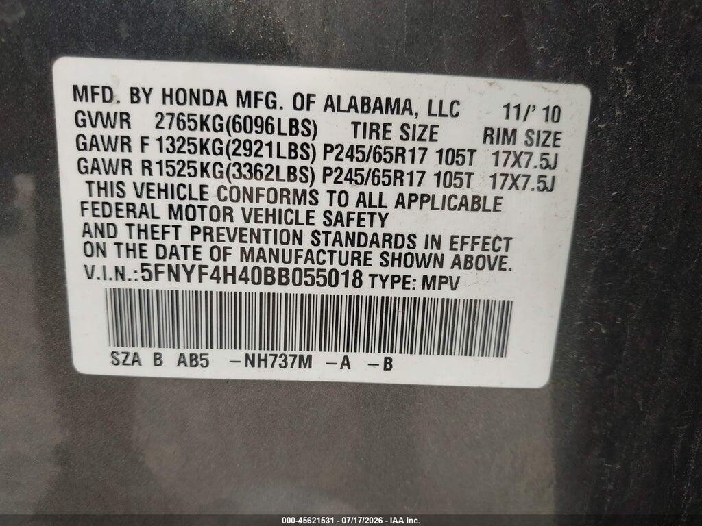 5FNYF4H40BB055018 2011 HONDA PILOT photo no. 9