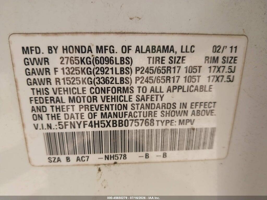 5FNYF4H5XBB075768 2011 HONDA PILOT photo no. 9