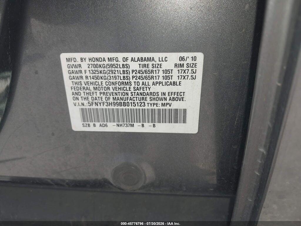 5FNYF3H99BB015123 2011 HONDA PILOT photo no. 9