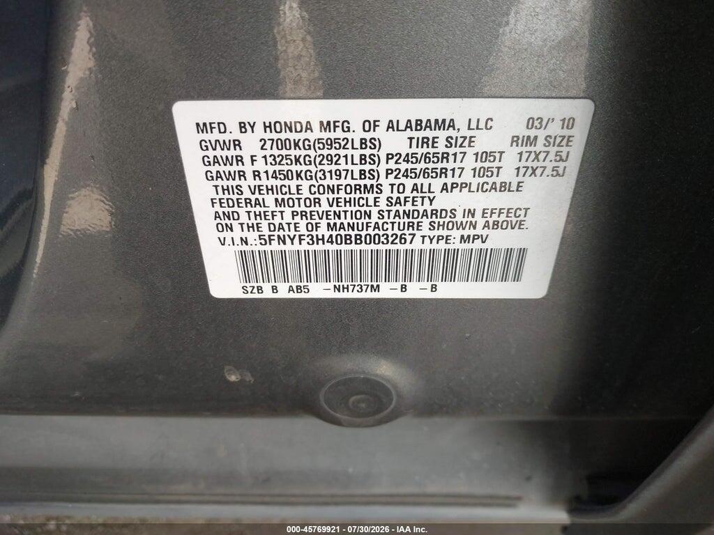 5FNYF3H40BB003267 2011 HONDA PILOT photo no. 9