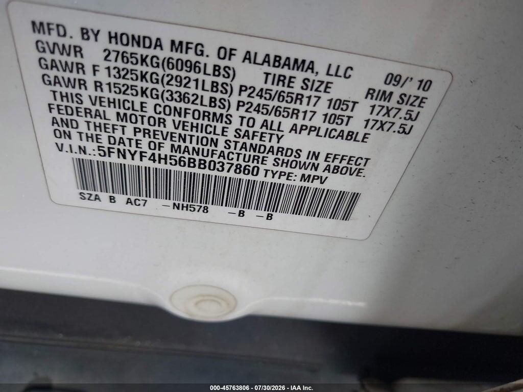 5FNYF4H56BB037860 2011 HONDA PILOT photo no. 9