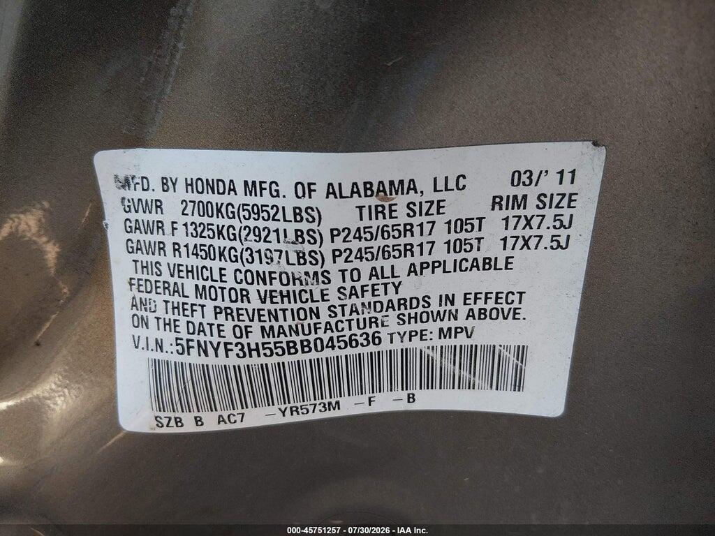 5FNYF3H55BB045636 2011 HONDA PILOT photo no. 9