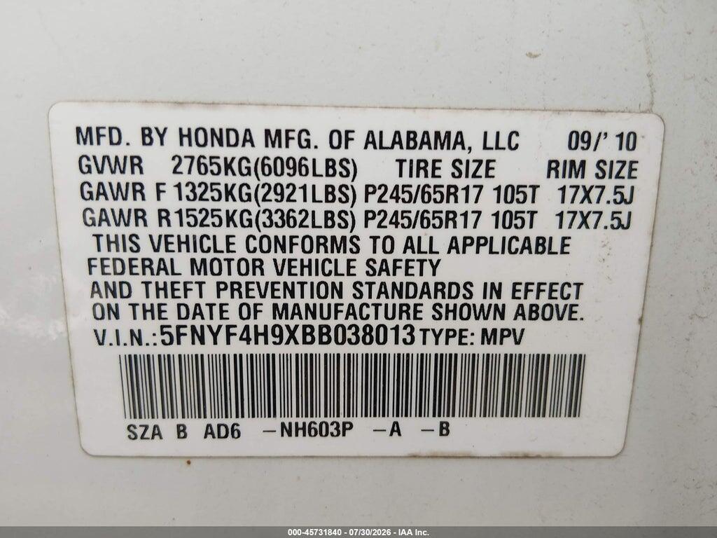5FNYF4H9XBB038013 2011 HONDA PILOT photo no. 9