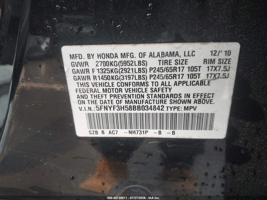 5FNYF3H58BB034842 2011 HONDA PILOT photo no. 9