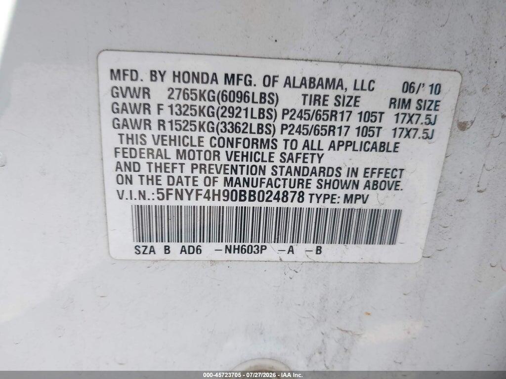 5FNYF4H90BB024878 2011 HONDA PILOT photo no. 9