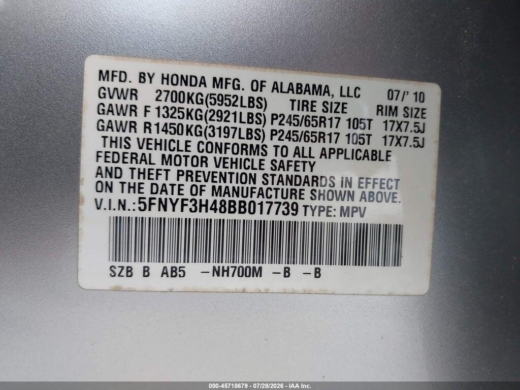5FNYF3H48BB017739 2011 HONDA PILOT photo no. 9