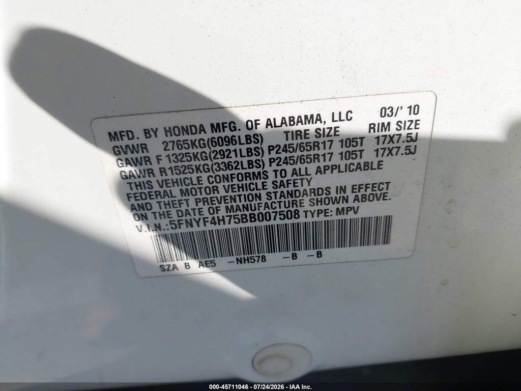 5FNYF4H75BB007508 2011 HONDA PILOT photo no. 9