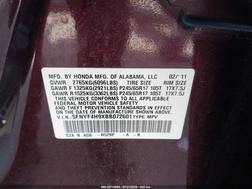 5FNYF4H9XBB072601 2011 HONDA PILOT photo no. 9
