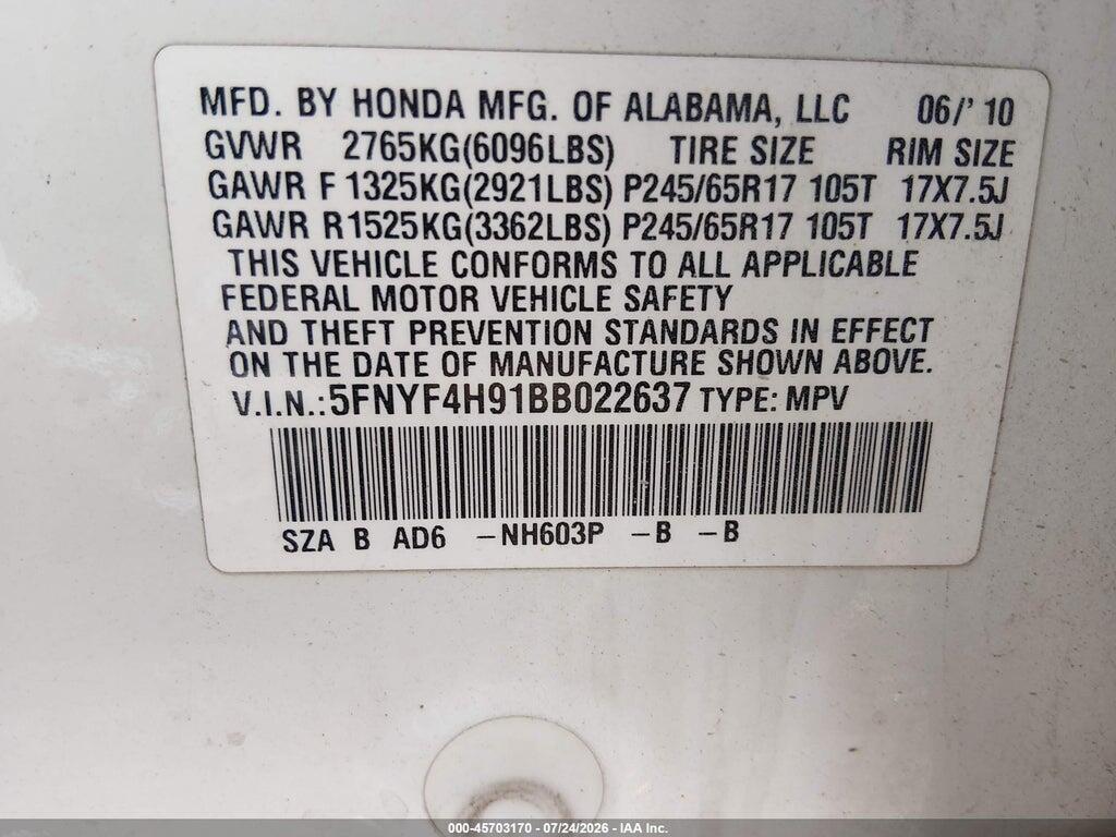 5FNYF4H91BB022637 2011 HONDA PILOT photo no. 9