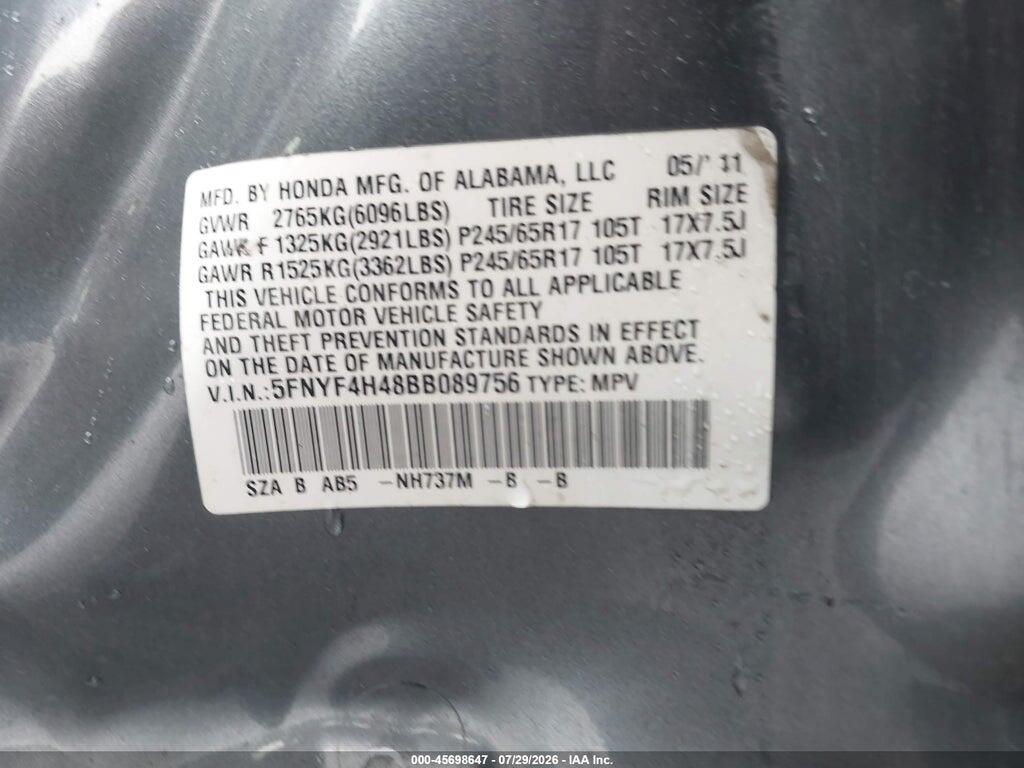 5FNYF4H48BB089756 2011 HONDA PILOT photo no. 9