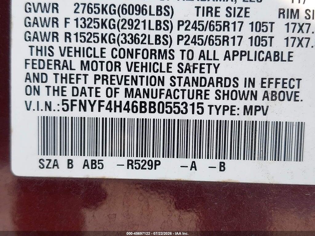 5FNYF4H46BB055315 2011 HONDA PILOT photo no. 9