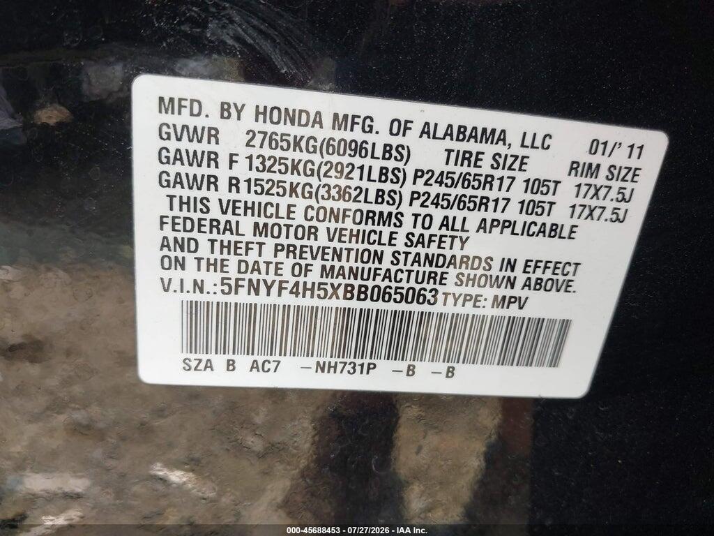 5FNYF4H5XBB065063 2011 HONDA PILOT photo no. 9