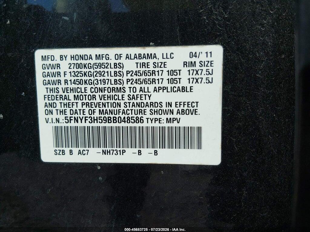 5FNYF3H59BB048586 2011 HONDA PILOT photo no. 9