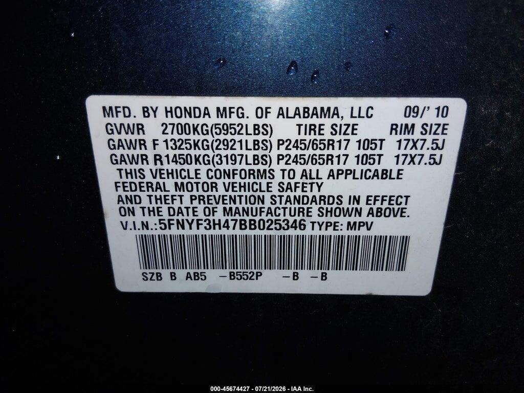 5FNYF3H47BB025346 2011 HONDA PILOT photo no. 9
