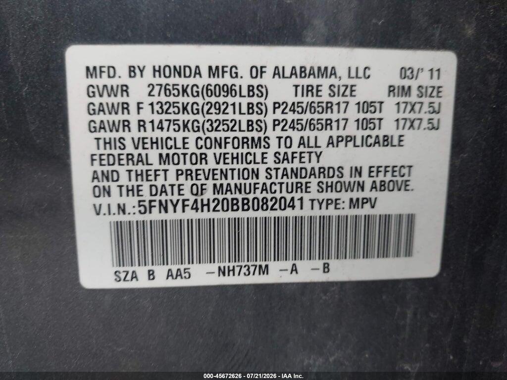 5FNYF4H20BB082041 2011 HONDA PILOT photo no. 9
