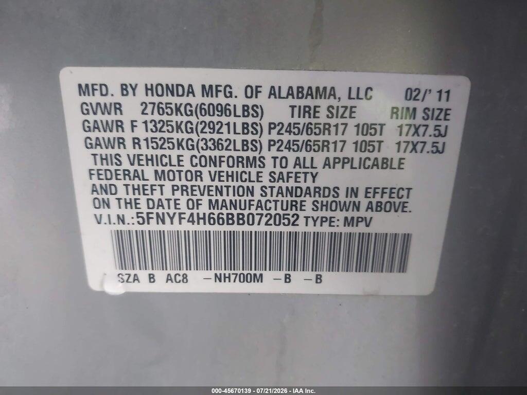 5FNYF4H66BB072052 2011 HONDA PILOT photo no. 9