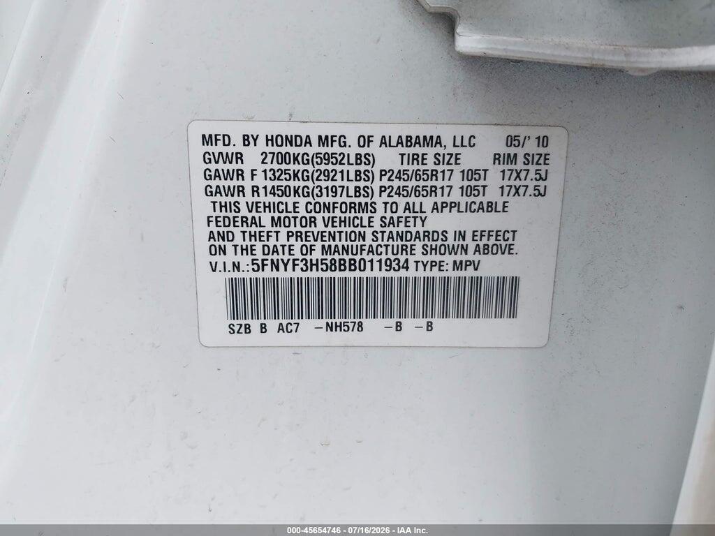 5FNYF3H58BB011934 2011 HONDA PILOT photo no. 9