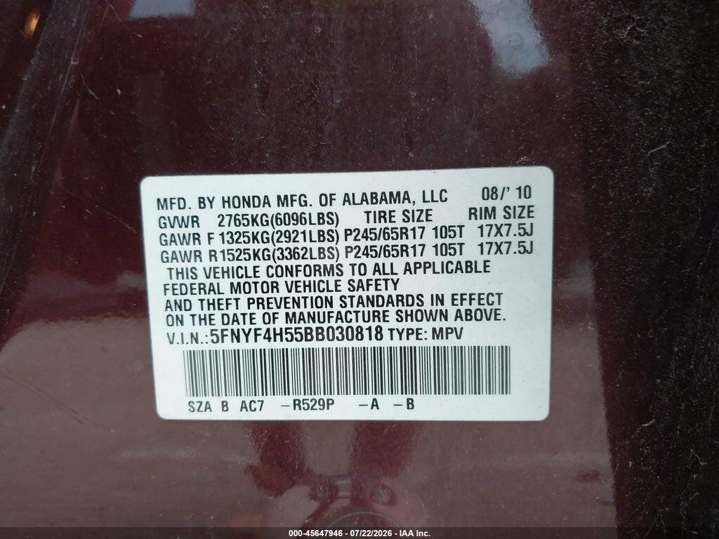 5FNYF4H55BB030818 2011 HONDA PILOT photo no. 9