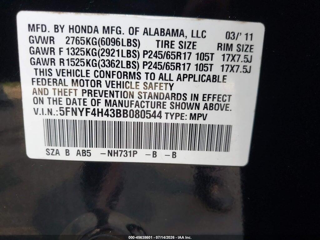 5FNYF4H43BB080544 2011 HONDA PILOT photo no. 9