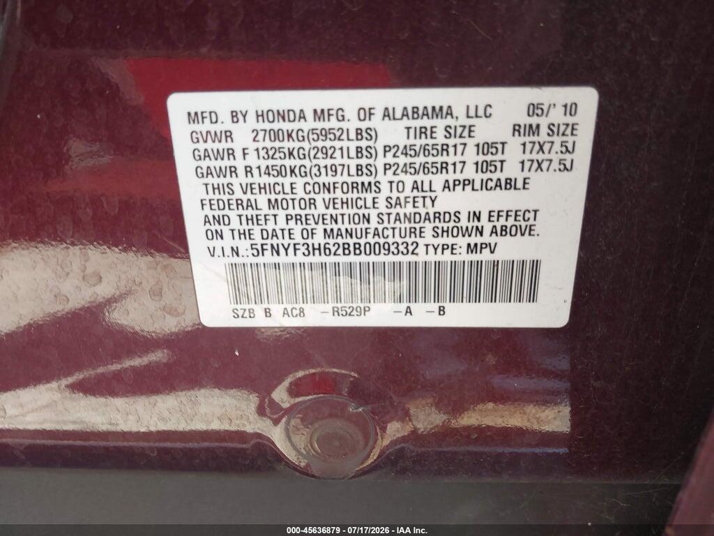 5FNYF3H62BB009332 2011 HONDA PILOT photo no. 9