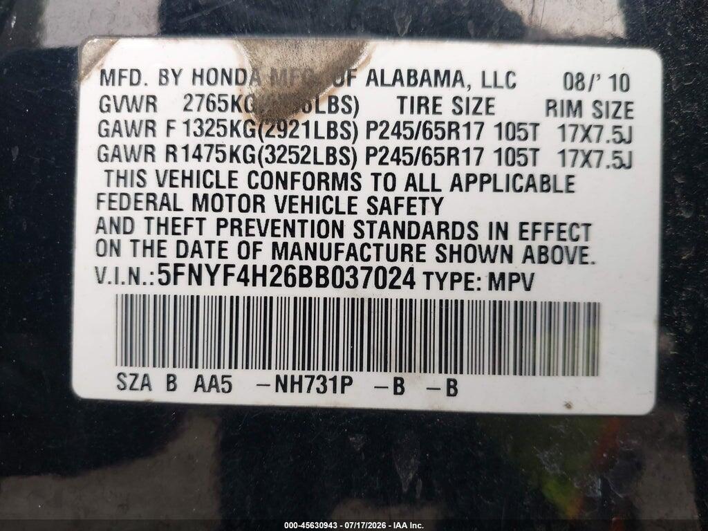 5FNYF4H26BB037024 2011 HONDA PILOT photo no. 9