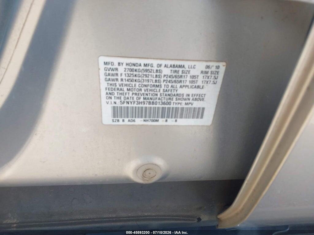 5FNYF3H97BB013600 2011 HONDA PILOT photo no. 9