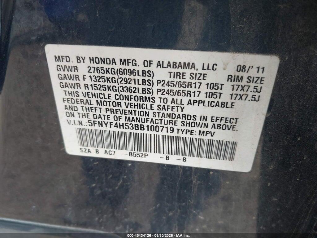 5FNYF4H53BB100719 2011 HONDA PILOT photo no. 9