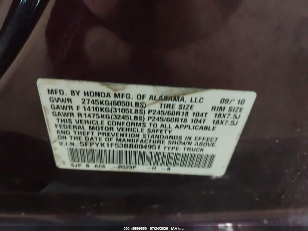 5FPYK1F53BB004951 2011 HONDA RIDGELINE photo no. 9