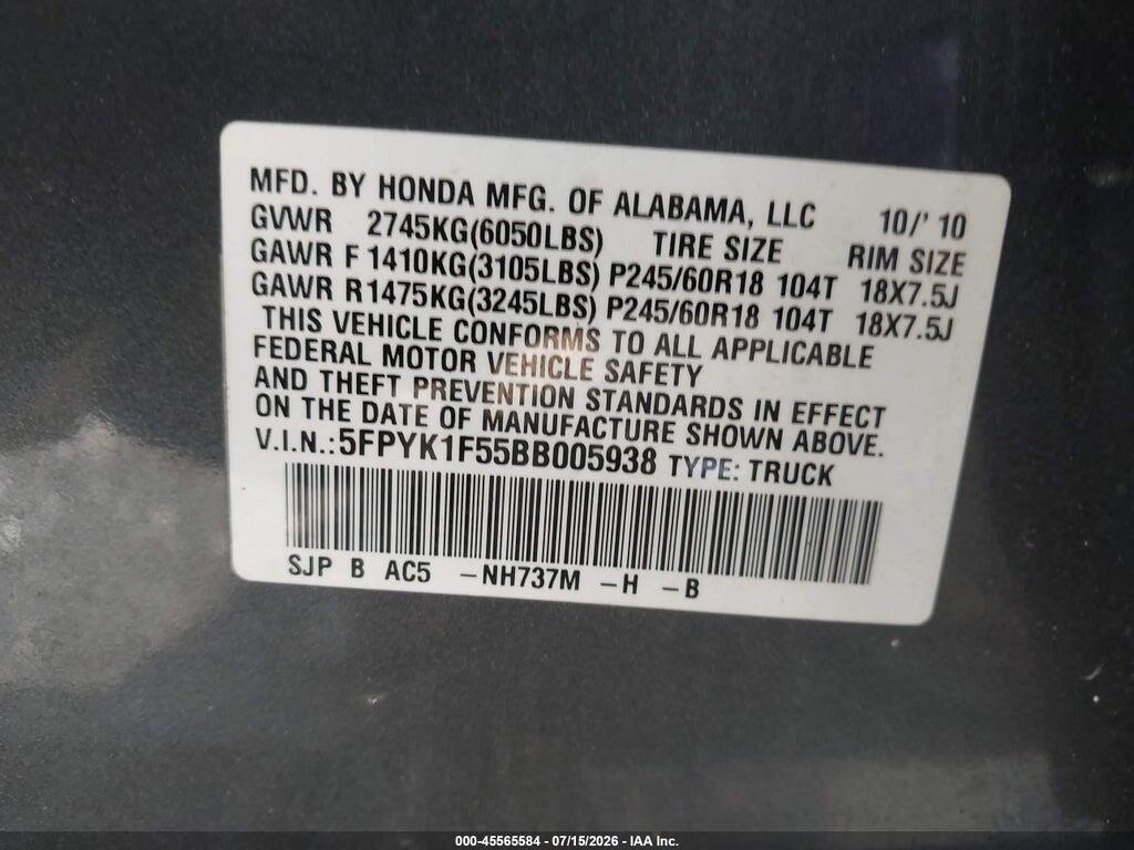 5FPYK1F55BB005938 2011 HONDA RIDGELINE photo no. 9