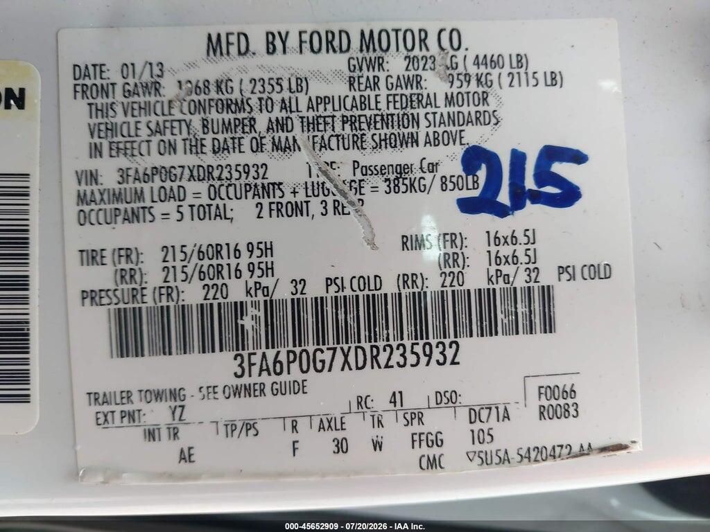 3FA6P0G7XDR235932 2013 FORD FUSION photo no. 9
