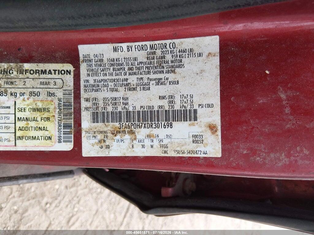 3FA6P0H7XDR301698 2013 FORD FUSION photo no. 9