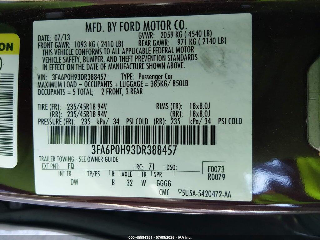 3FA6P0H93DR388457 2013 FORD FUSION photo no. 9
