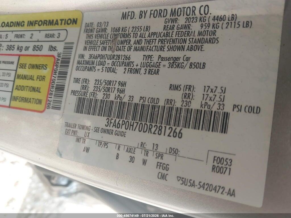 3FA6P0H70DR281266 2013 FORD FUSION photo no. 9