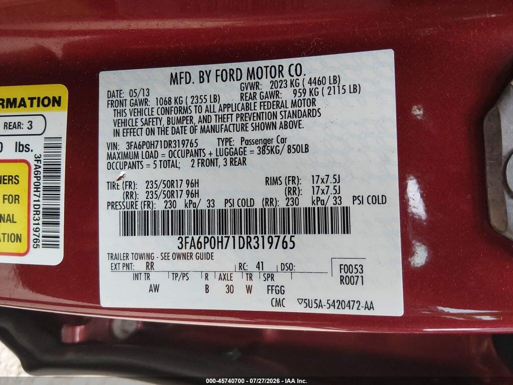 3FA6P0H71DR319765 2013 FORD FUSION photo no. 9