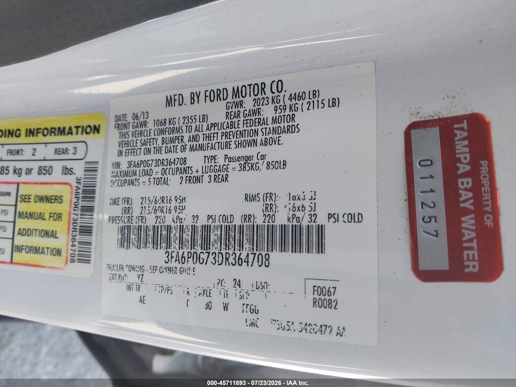 3FA6P0G73DR364708 2013 FORD FUSION photo no. 9