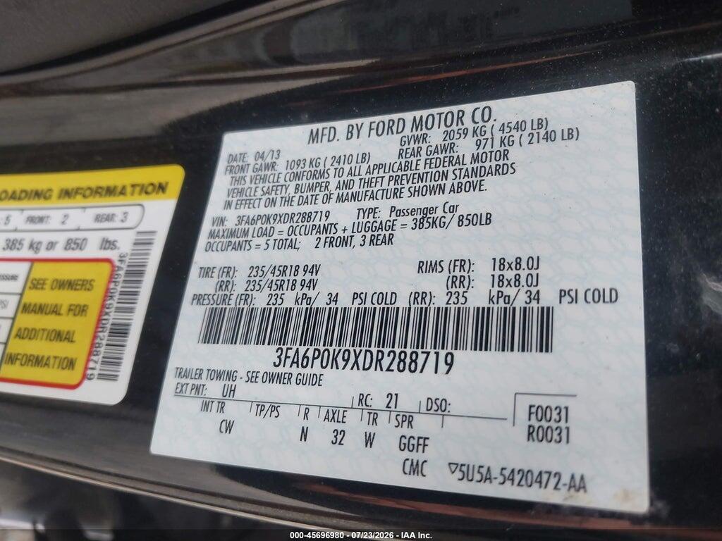 3FA6P0K9XDR288719 2013 FORD FUSION photo no. 9