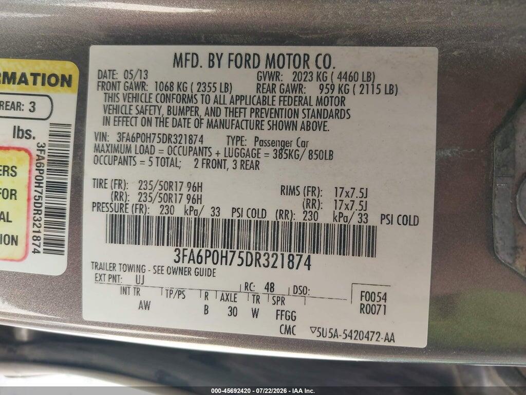 3FA6P0H75DR321874 2013 FORD FUSION photo no. 9