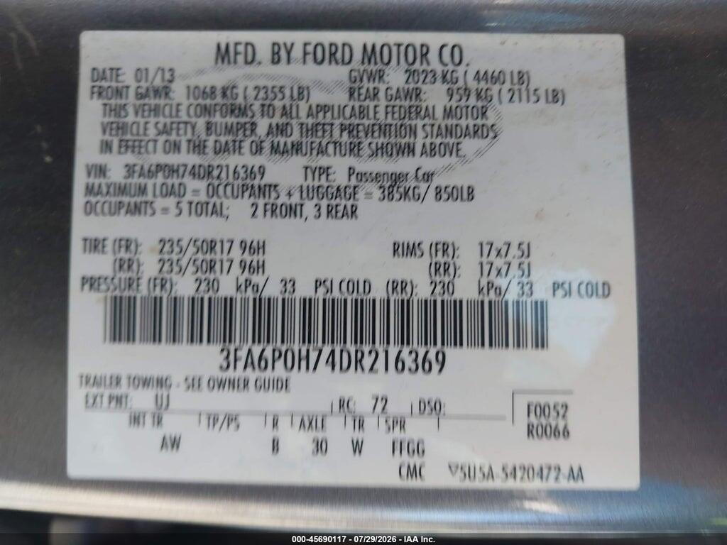 3FA6P0H74DR216369 2013 FORD FUSION photo no. 9