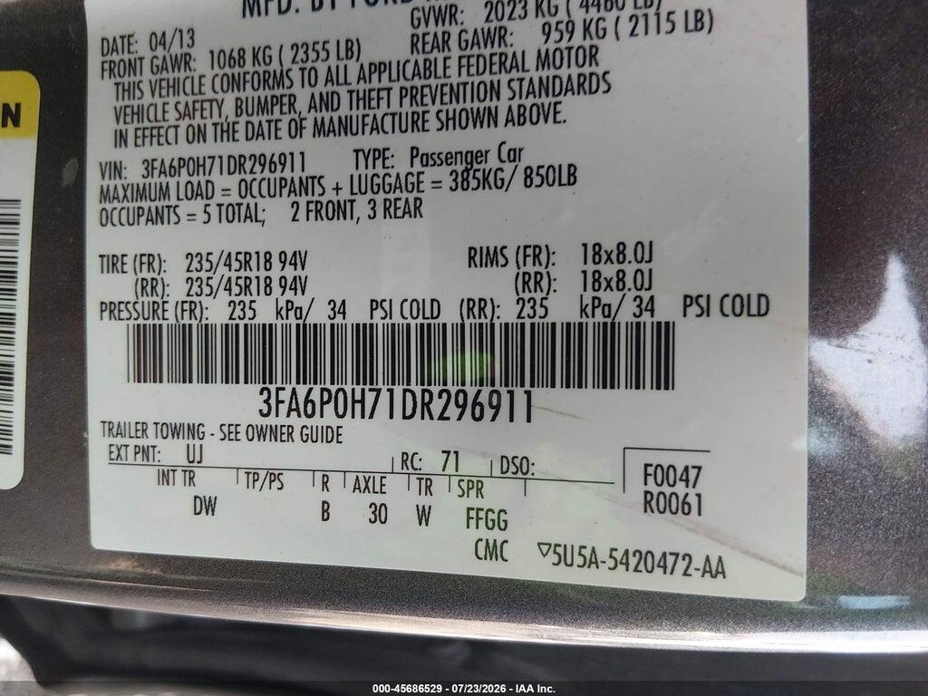3FA6P0H71DR296911 2013 FORD FUSION photo no. 9