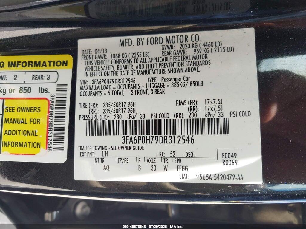 3FA6P0H79DR312546 2013 FORD FUSION photo no. 9