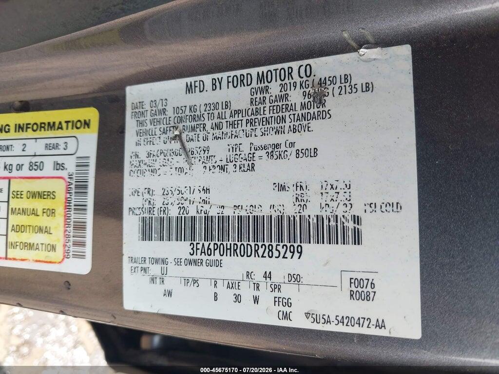3FA6P0HR0DR285299 2013 FORD FUSION photo no. 9